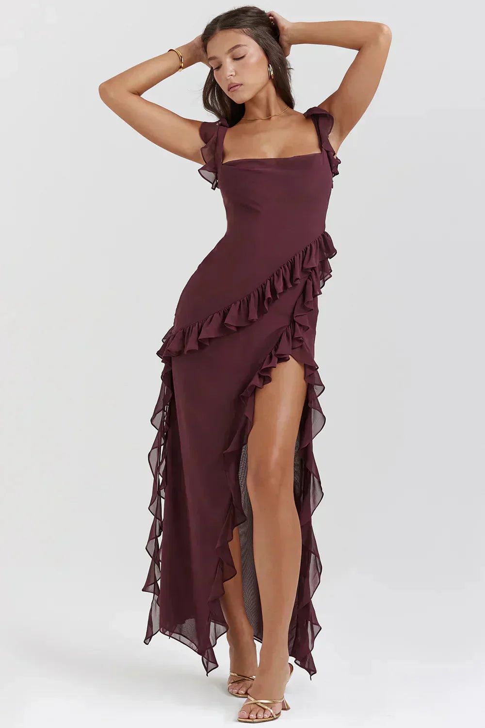 Ruffle Strap Square Neck Wrap Slit Chiffon Maxi Dress 2