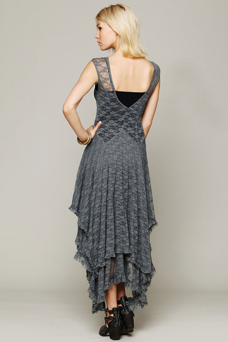 Floral Lace Sheer Yoke Dropped Waist Asymmetric Handkerchief Hem Midi Dress 2