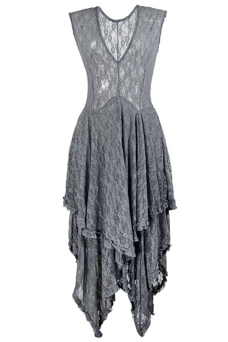 Floral Lace Sheer Yoke Dropped Waist Asymmetric Handkerchief Hem Midi Dress 3