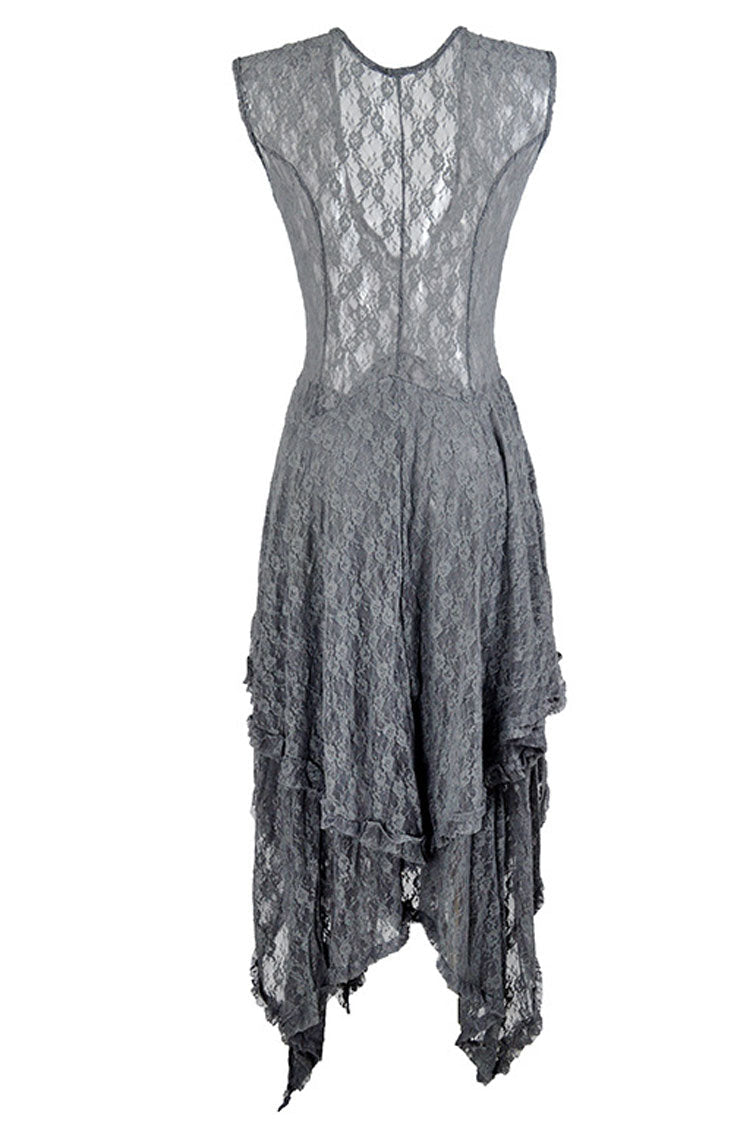 Floral Lace Sheer Yoke Dropped Waist Asymmetric Handkerchief Hem Midi Dress 4