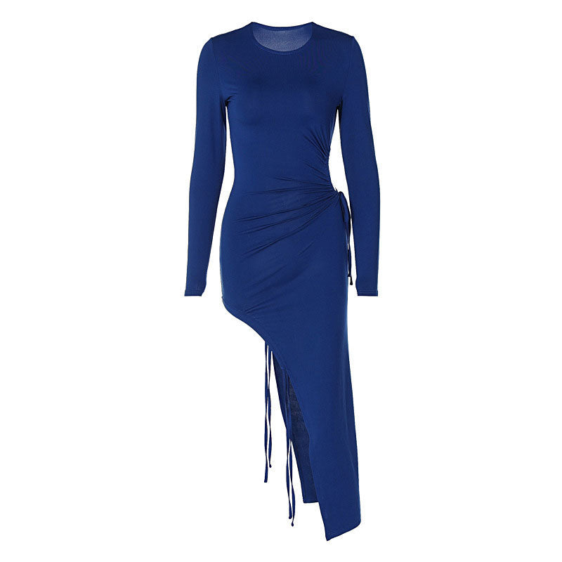 Crew Neck Drawstring Side Slit Ruched Long Sleeve Midi Dress 3