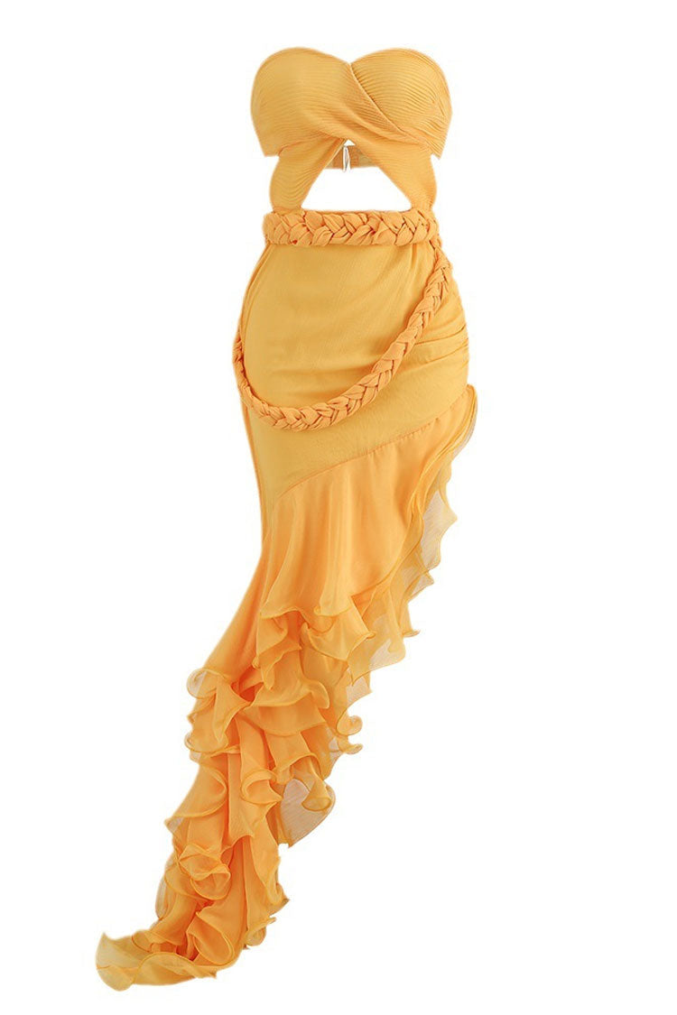 Asymmetrical Braided Waist Strapless Cutout Tiered Ruffle Maxi Gown 2
