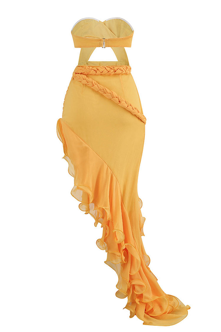 Asymmetrical Braided Waist Strapless Cutout Tiered Ruffle Maxi Gown 3