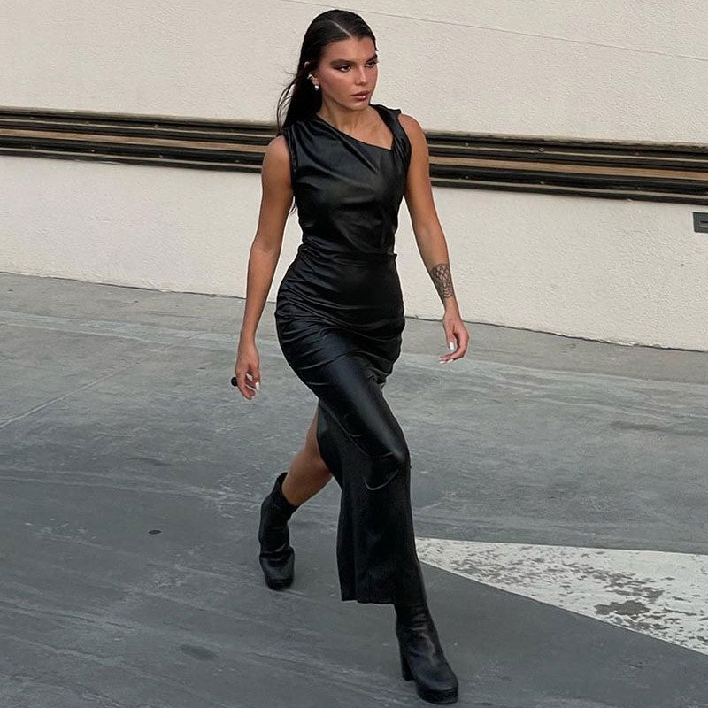 Asymmetrical Neck Twist Trim Sleeveless Faux Leather Maxi Dress 2