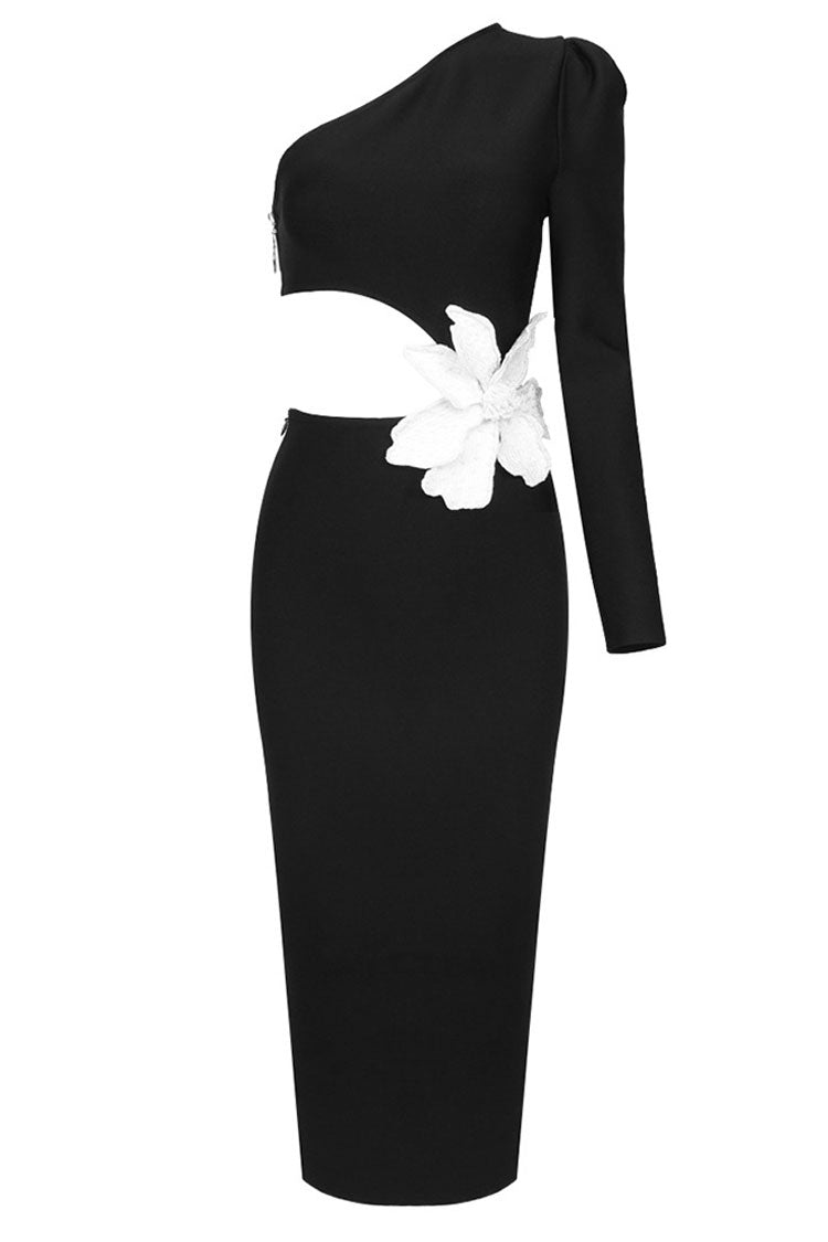 One Shoulder Long Sleeve Waist Cutout 3D Floral Applique Bodycon Midi Dress 5