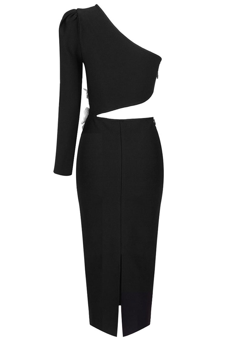 One Shoulder Long Sleeve Waist Cutout 3D Floral Applique Bodycon Midi Dress 6