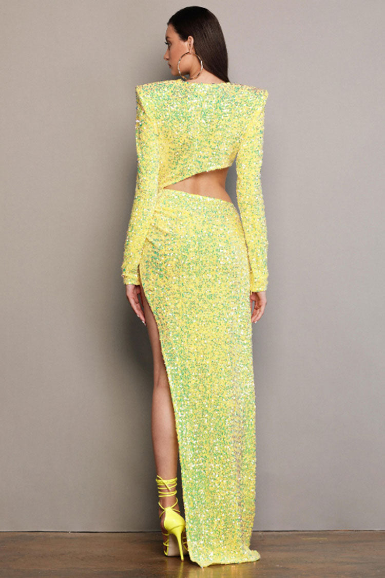 Sequin Long Sleeve Padded Shoulder Cut Out High Split Maxi Gown 3