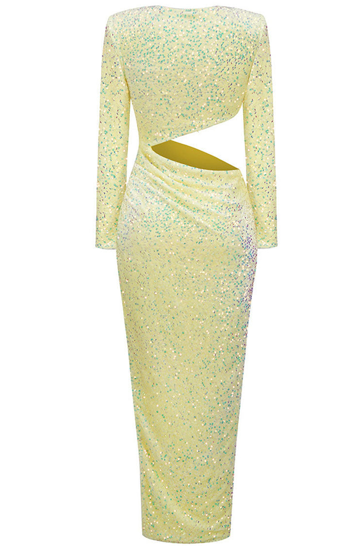 Sequin Long Sleeve Padded Shoulder Cut Out High Split Maxi Gown 4