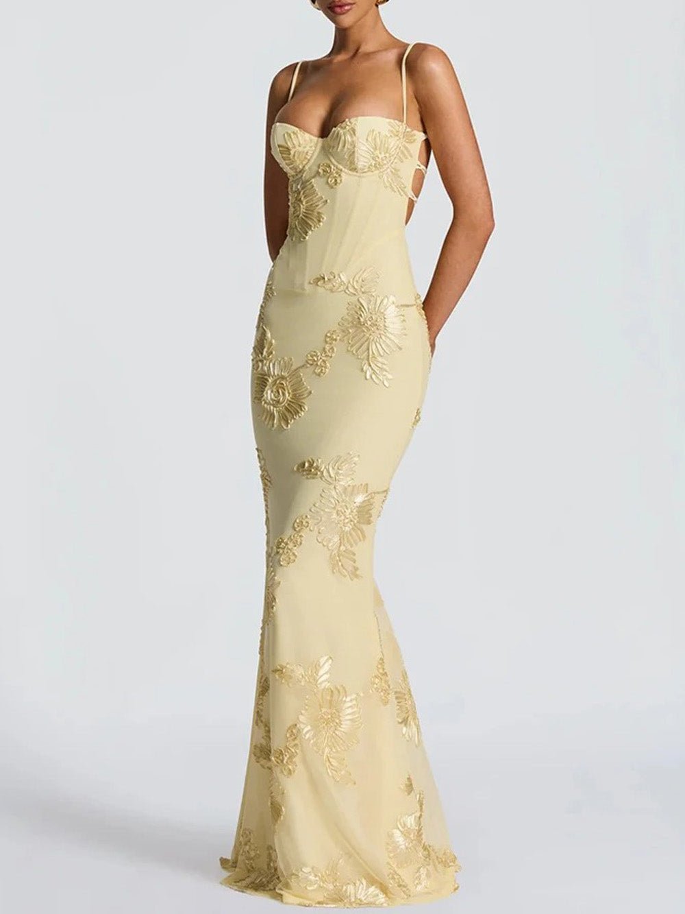 3D Floral Embroidery Corset Sweetheart Spaghetti Strap Mermaid Maxi Gown 4
