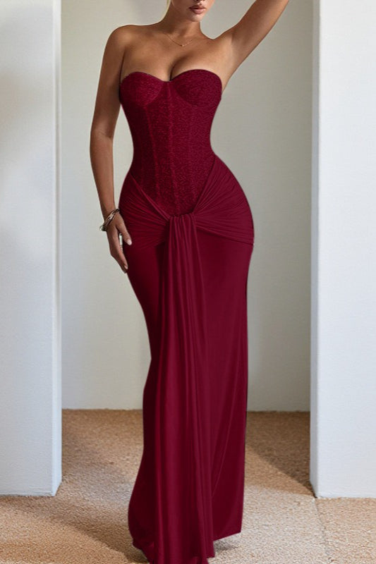 Sequin Strapless Corset Sweetheart Draped Knot Waist Formal Maxi Gown 10