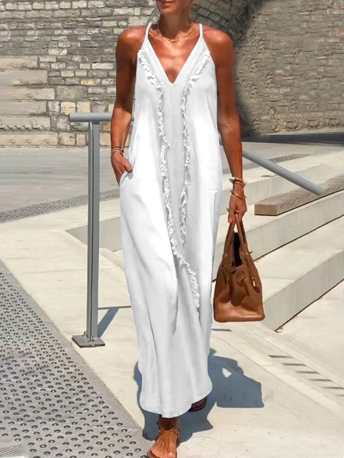 Deep V Neck Spaghetti Strap Frayed Trim Side Pocket Maxi Dress 6