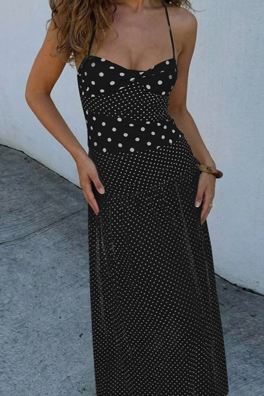 Sweetheart Halter Knot Bodice Mixed Scale Polka Dot Maxi Dress 12