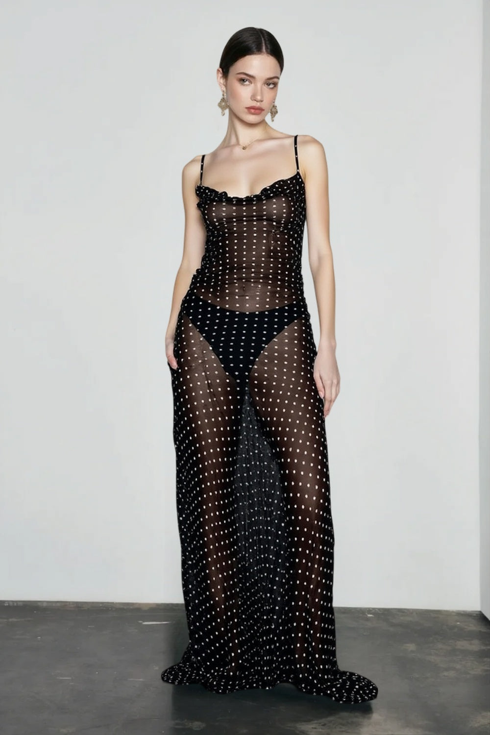 Polka Dot Spaghetti Strap Sheer Mesh Maxi Dress