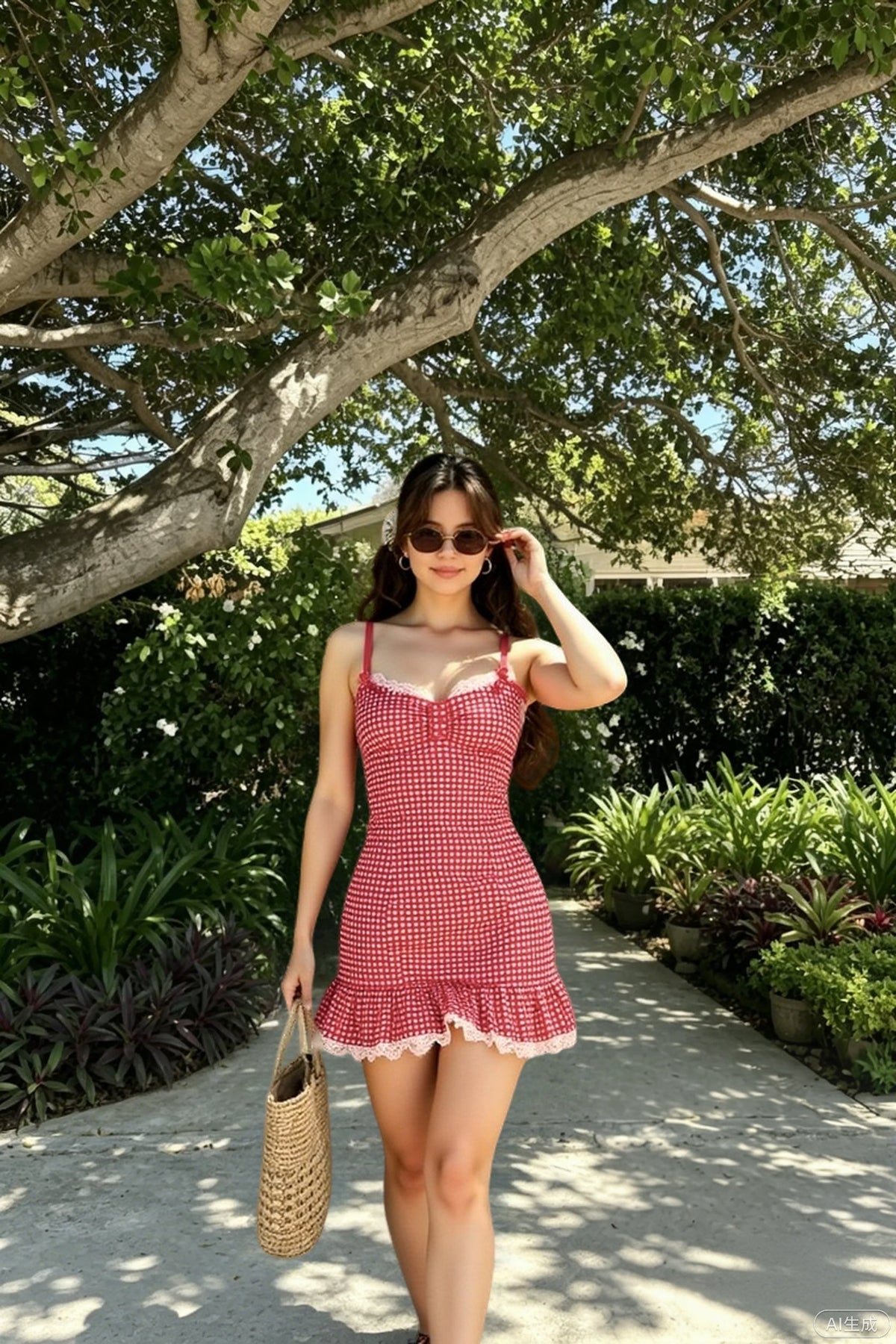 Gingham Check Lace Trim Button Bust Ruffle Hem Mini Dress
