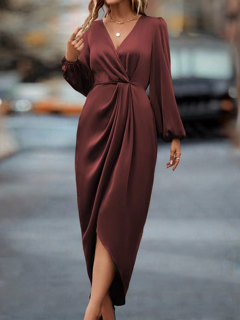 Wrap V-Neck Bishop Sleeve Twist-Waist Draped Midi Dress 5