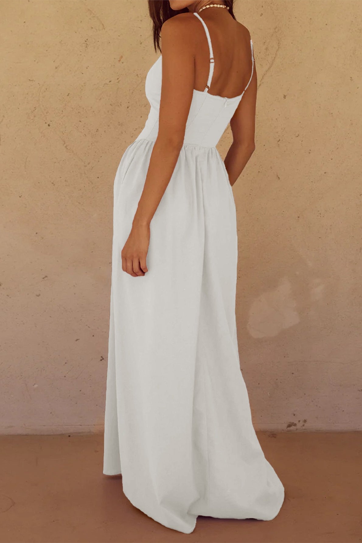 Ivory Spaghetti Strap V Neck Basque Waist Pocket Maxi Dress 2