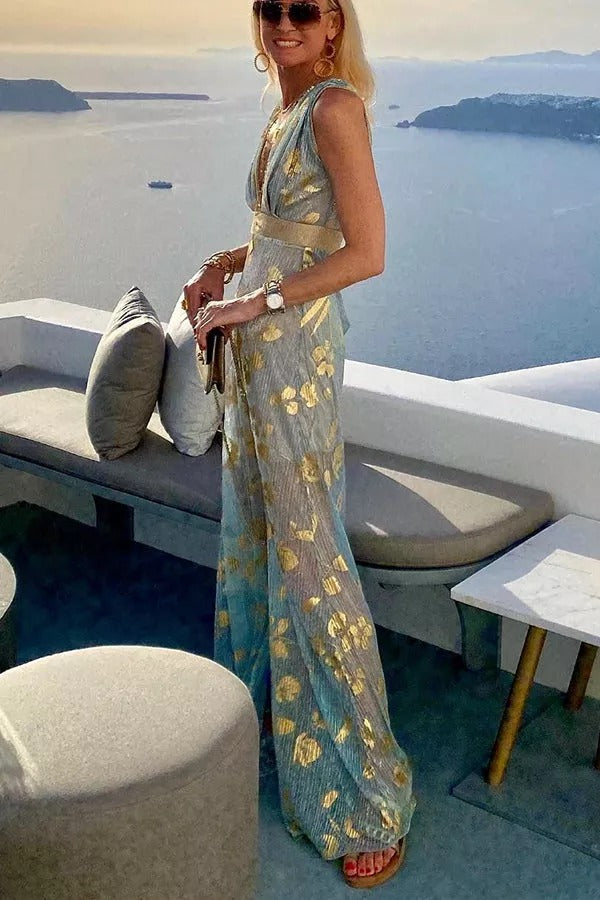 Distressed Metallic Foil Print Deep V-Neck Empire Waist Sleeveless Maxi Dress 5