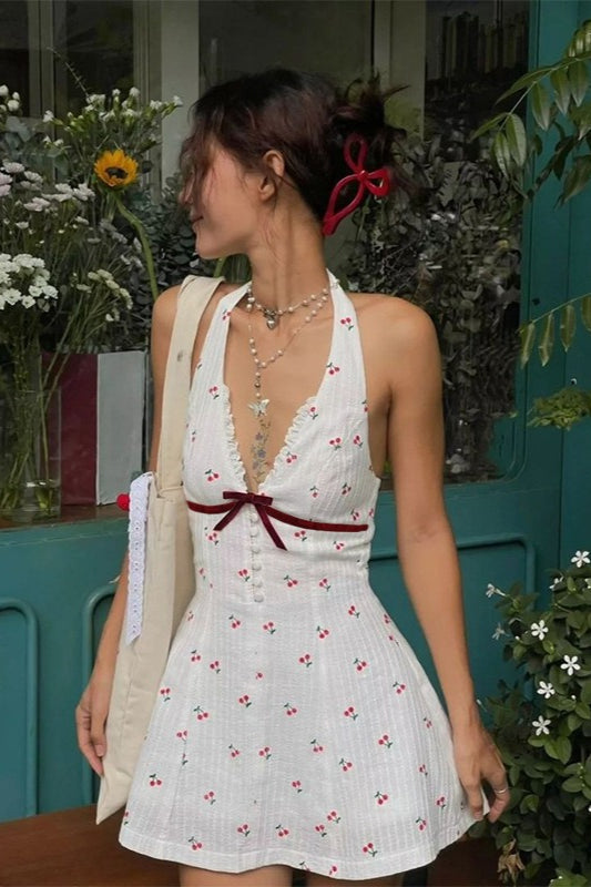 Print Halter Neck Ruffle Trim Button Front Mini Dress