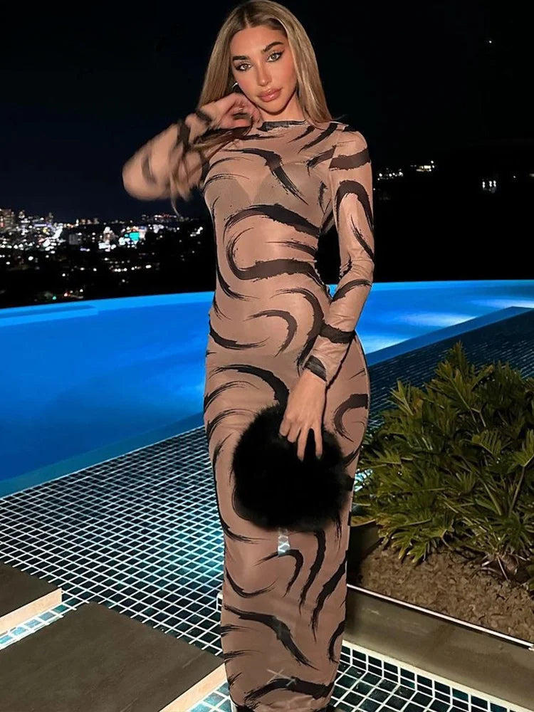 Mock Neck Long Sleeve Abstract Swirl Print Bodycon Maxi Dress 2