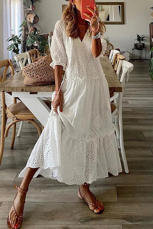 Deep V-Neck Puff Sleeve Tiered Eyelet Lace Scalloped Hem Maxi Dress