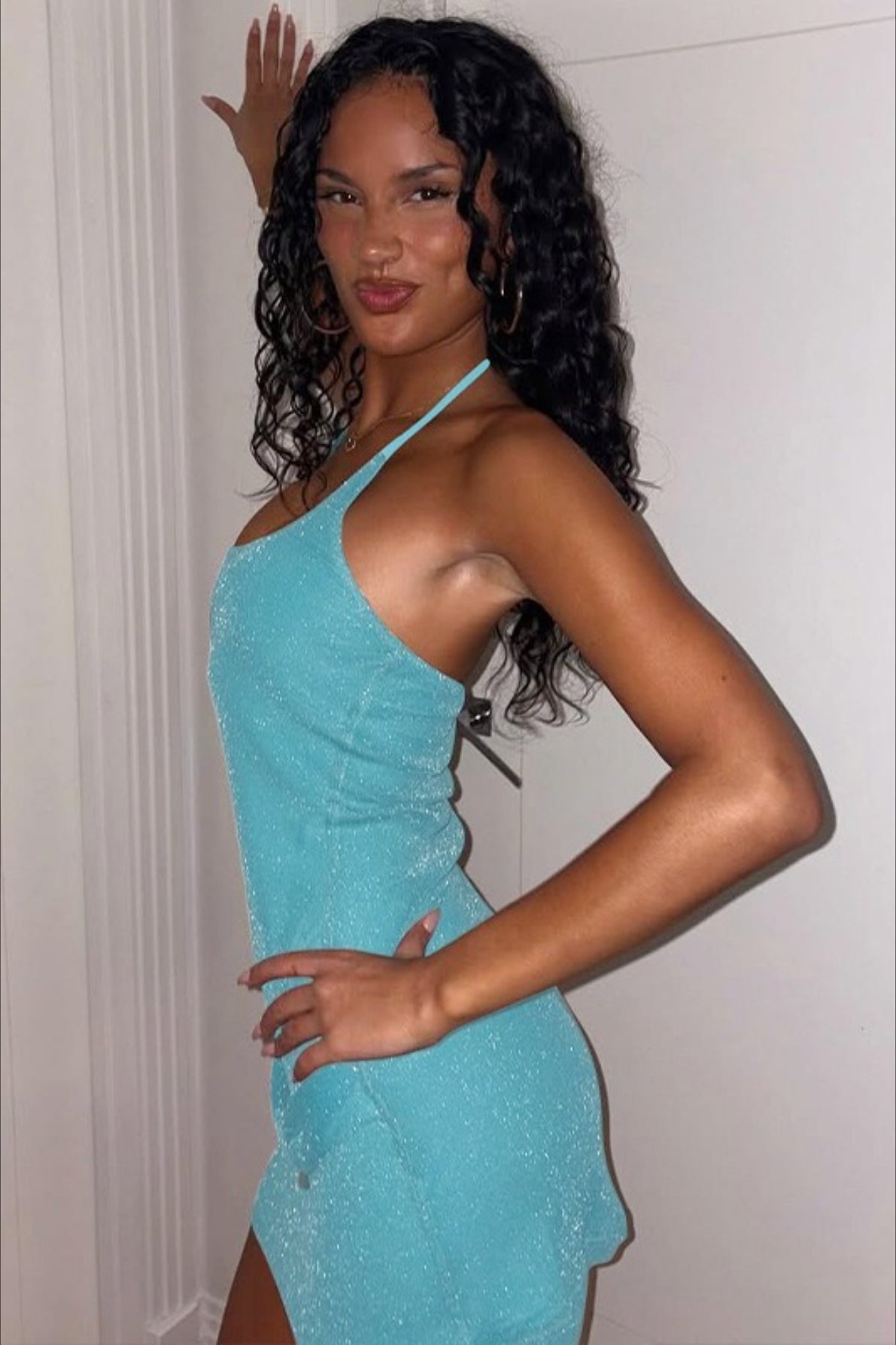 Halter Scoop Neck Belted Glitter Knit Bodycon Mini Dress 6