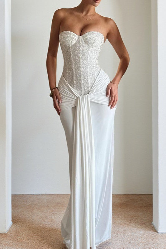 Sequin Strapless Corset Sweetheart Draped Knot Waist Formal Maxi Gown 2