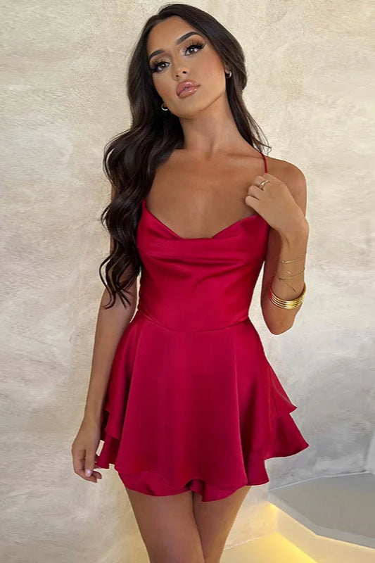 Satin Cowl Neck Spaghetti Strap Tiered Ruffle Hem Mini Dress 5