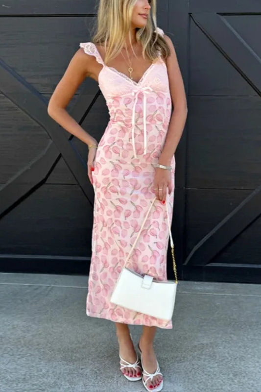 Tulip Floral Print Lace Trim Bow Tie Flutter Strap Midi Slip Dress