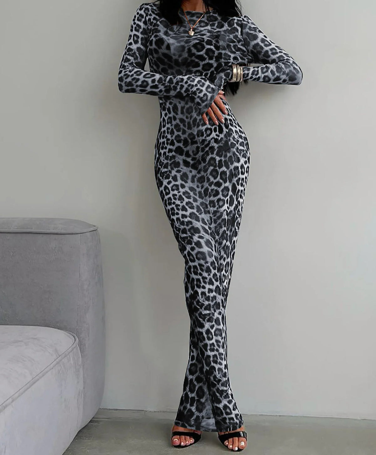 Print Mock Neck Long Sleeve Bodycon Maxi Dress 3
