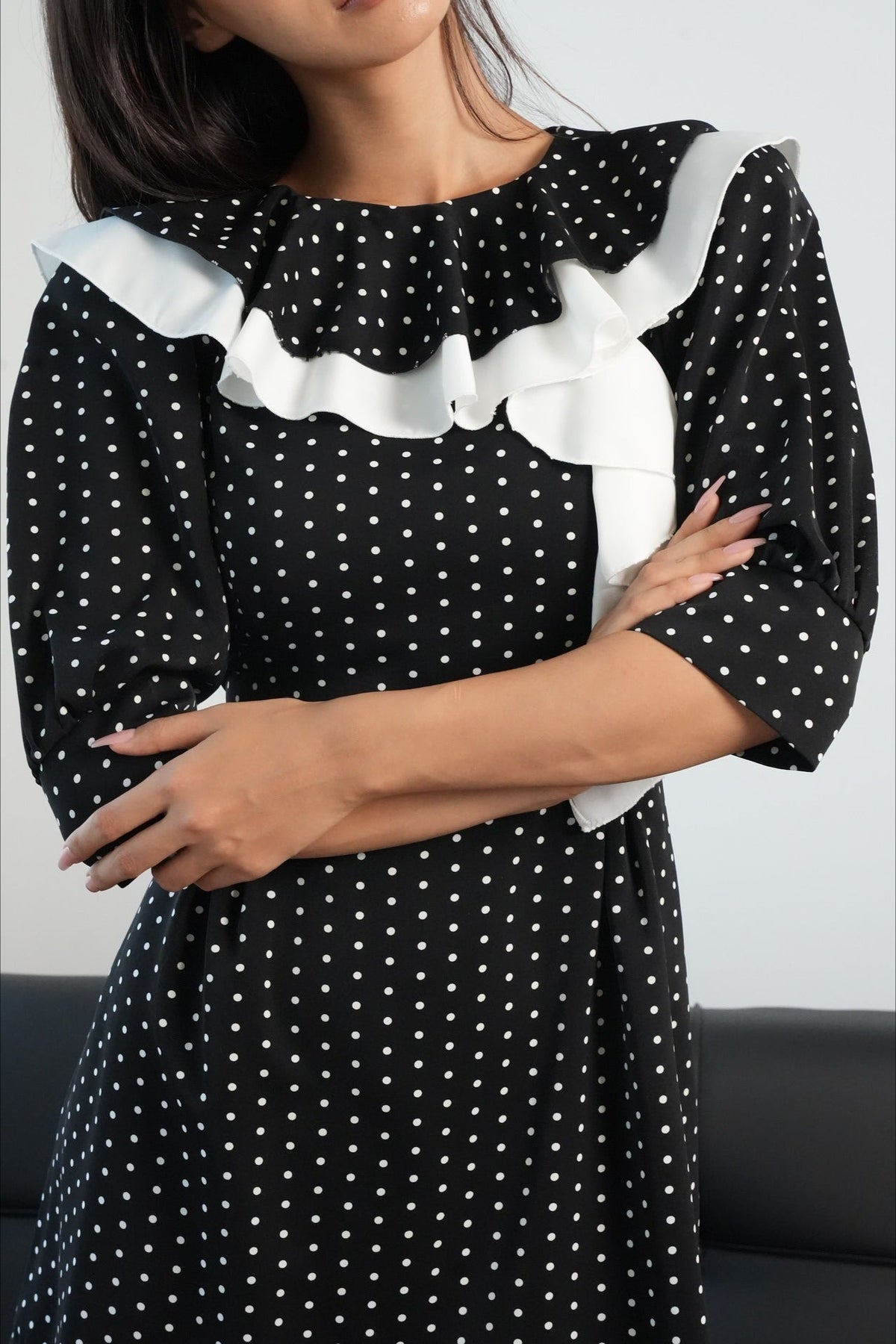 Polka Dot Puff Sleeve Asymmetric Ruffle Trim Fit and Flare Mini Dress 2