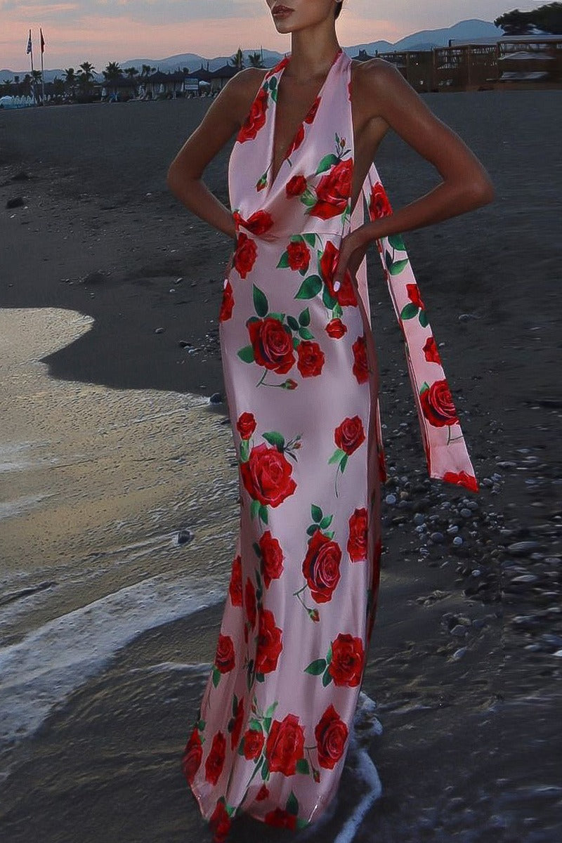 Floral Print Satin Halter Neck Cowl Backless Maxi Dress 2