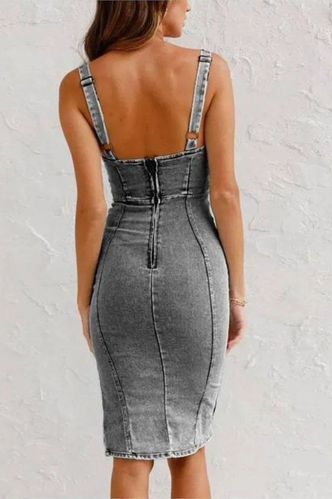 Denim Corset Scoop Neck Zip-Front Thigh Slit Bodycon Midi Dress 5