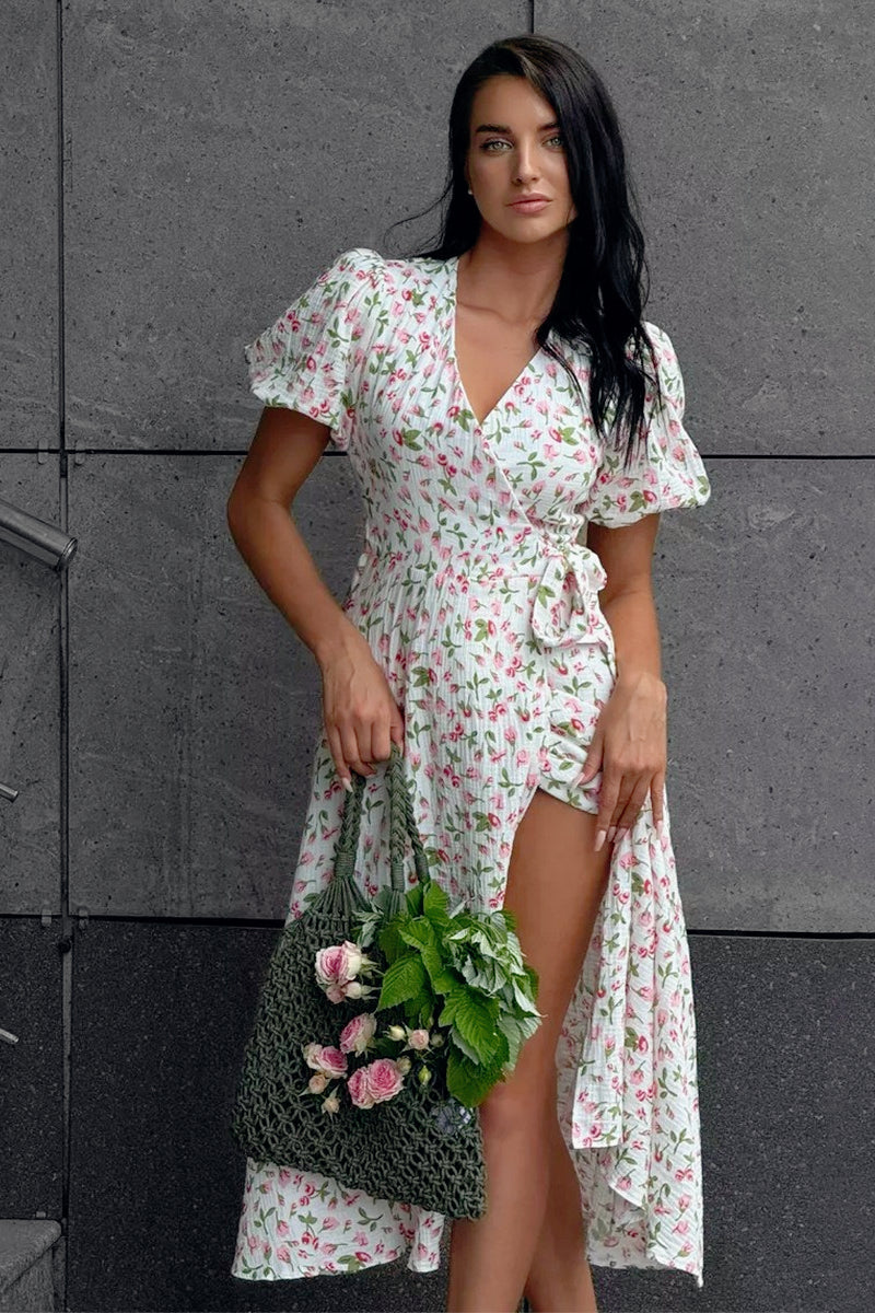Puff Sleeve Heart Print Wrap Tie Waist Thigh Slit Midi Dress 6