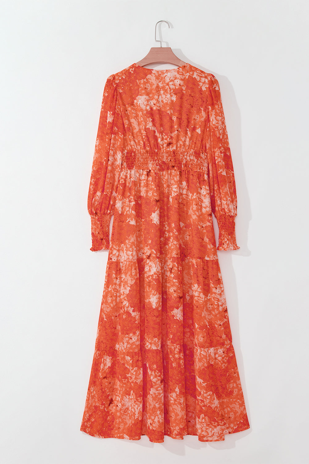 Floral Print Smocked Waist V-Neck Bishop Sleeve Tiered Maxi Dress 4