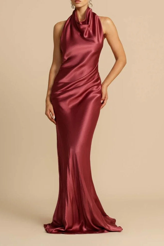 Satin Halter Neck Cowl Draped Bias Cut Trumpet Maxi Gown 6