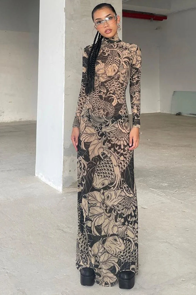 Mock Neck Long Sleeve Koi Fish Tattoo Print Mesh Bodycon Maxi Dress 2