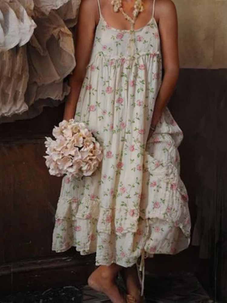 Spaghetti Strap Empire Waist Pocket Tiered Ruffle Hem Floral Midi Dress