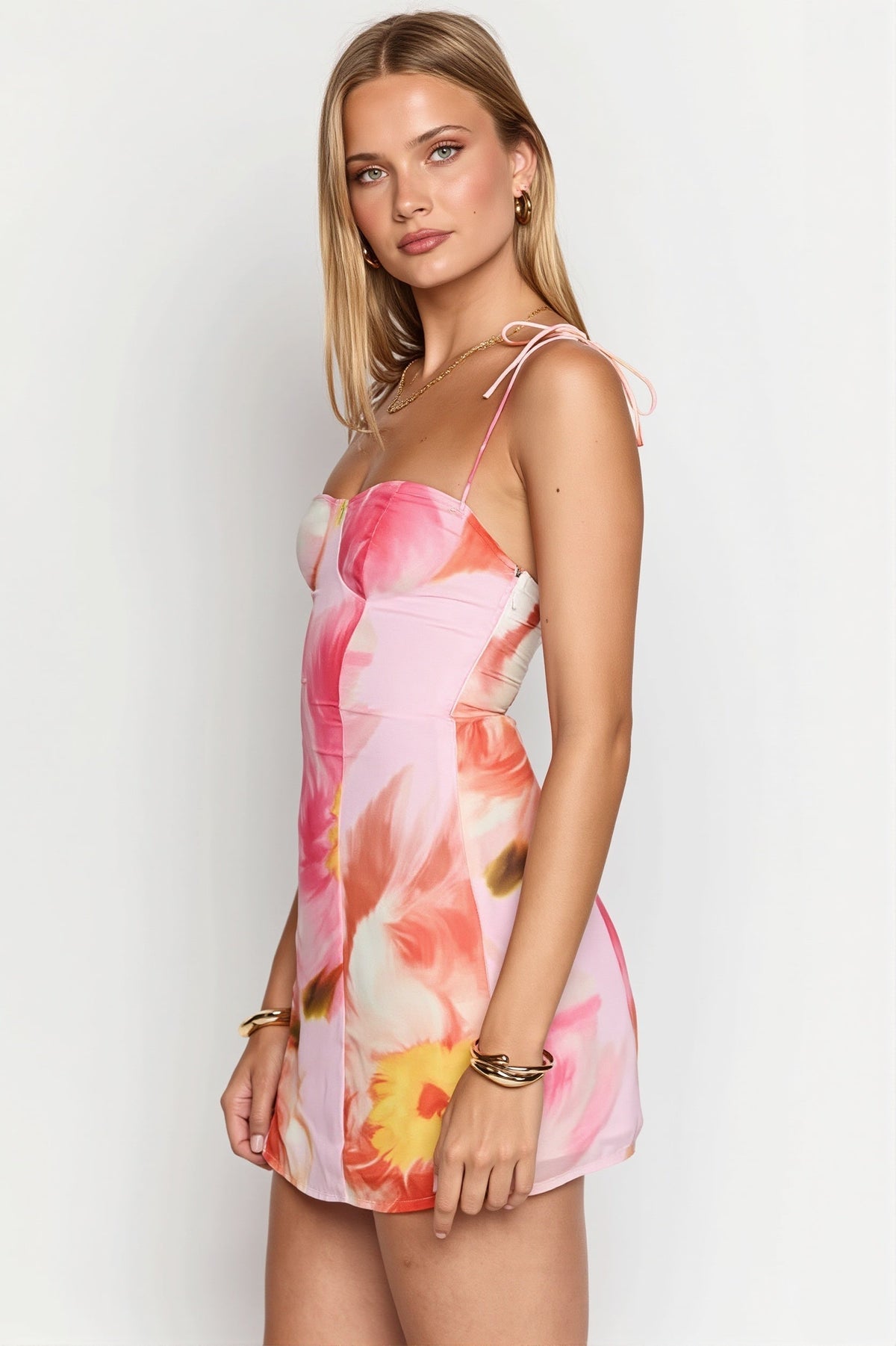 Watercolor Floral Print Sweetheart Tie Strap Panel Seam Bodycon Mini Dress 4