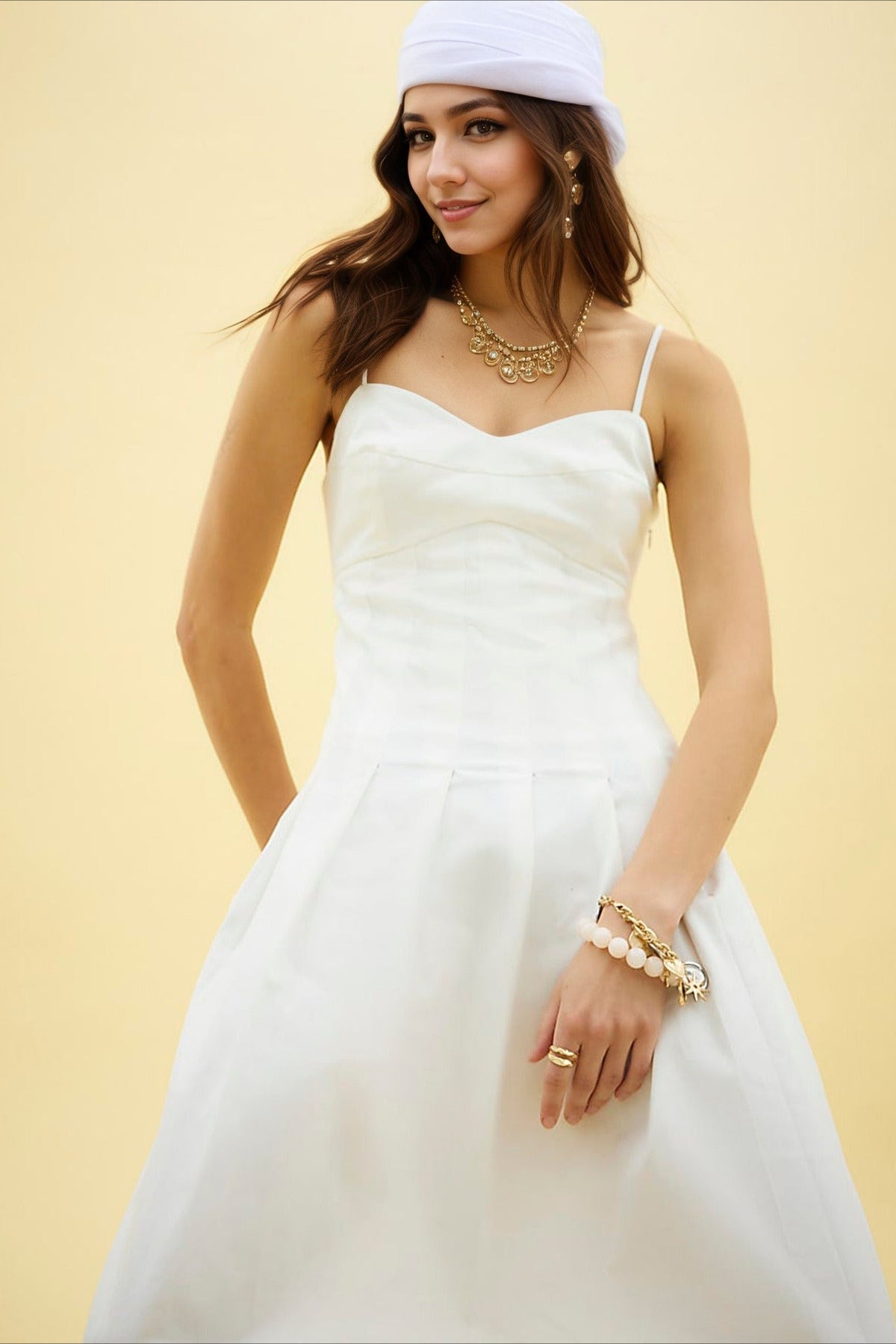 Spaghetti Strap Corset Bodice Knife Pleat A-Line Midi Dress 2