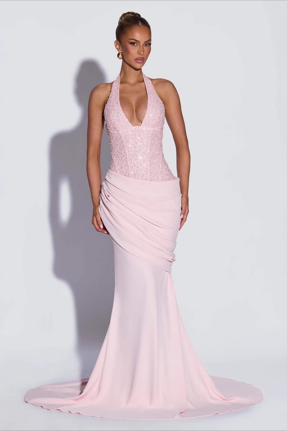 Halter Deep V Sequin Corset Ruched Hip Drape Mermaid Train Gown