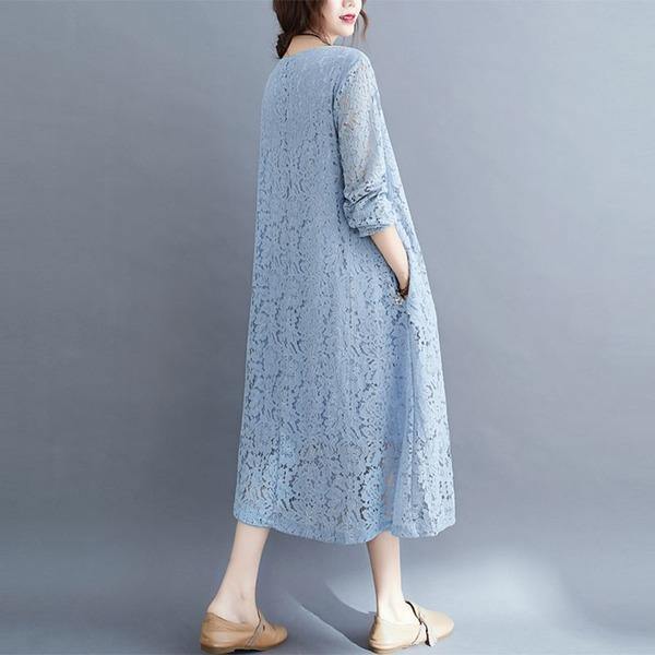 Round Neck Three Quarter Sleeve Floral Lace Overlay Shift Midi Dress 2