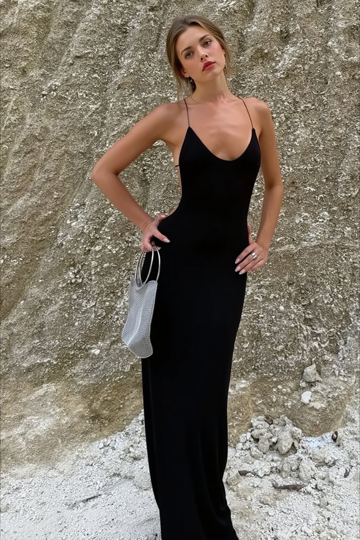 Spaghetti Strap Backless Waist Cutout Bodycon Maxi Dress
