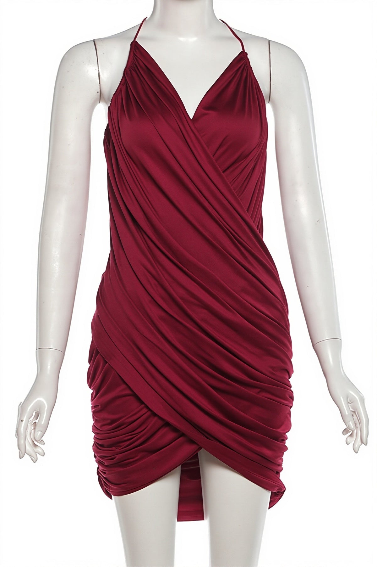 Ruched Draped Halter Plunge V-Neck Wrap Mini Dress 5