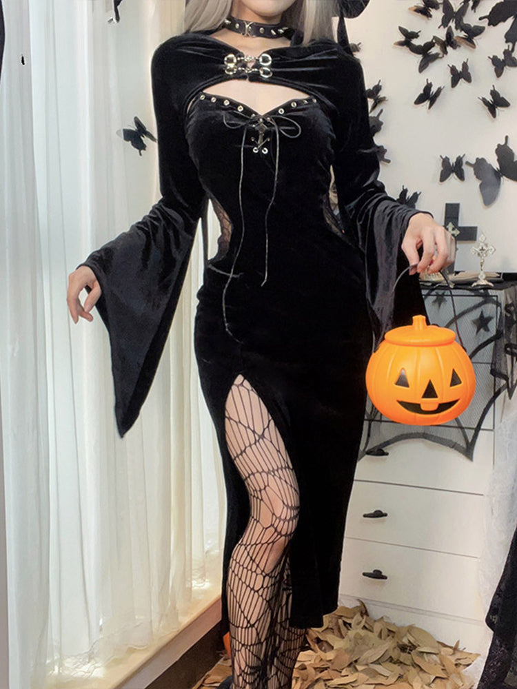 Velvet Lace-Up Corset Cutout Bell Sleeve High Slit Maxi Dress