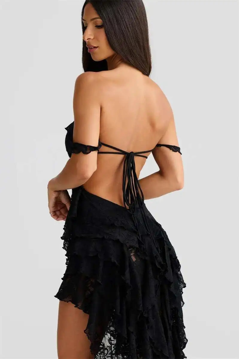 Floral Lace Off-Shoulder Tie-Front Tiered High-Low Ruffle Midi Dress 9