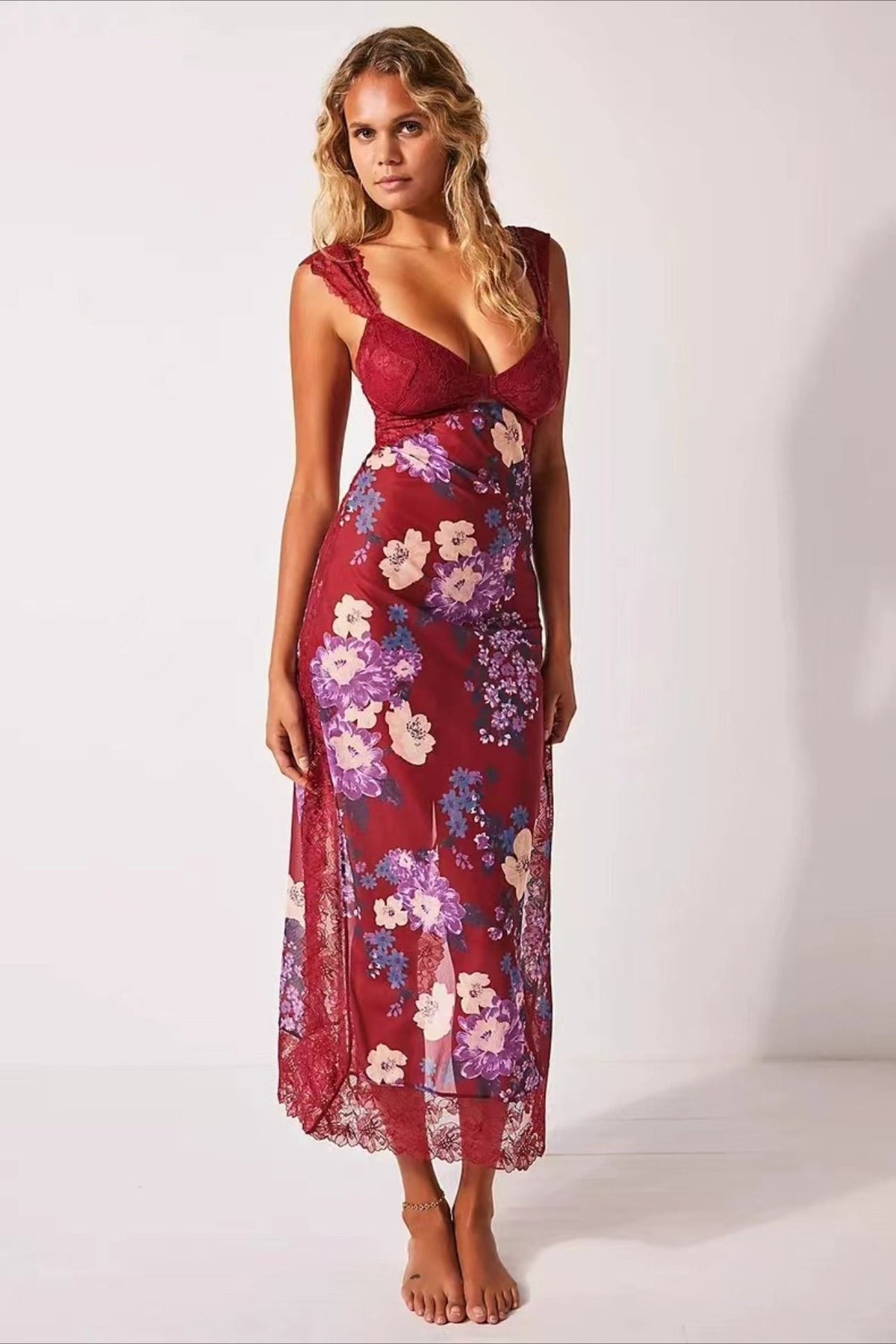 Lace Sweetheart Bodice Cut Out Flutter Sleeve Floral Print Slip Maxi Dress 7