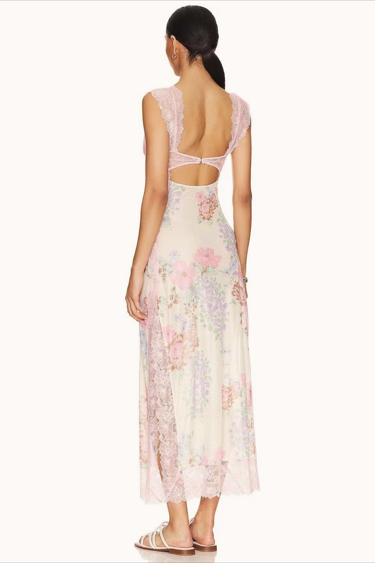 Lace Sweetheart Bodice Cut Out Flutter Sleeve Floral Print Slip Maxi Dress 10