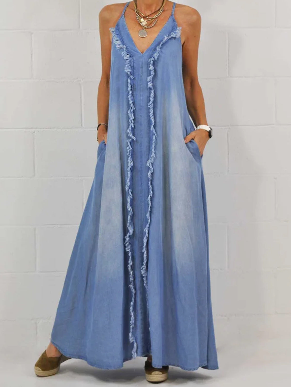 Deep V Neck Spaghetti Strap Frayed Trim Side Pocket Maxi Dress