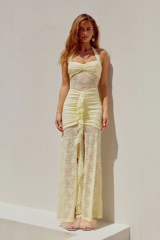 Lace Sweetheart Ruched High Slit Ruffle Trim Maxi Dress 12