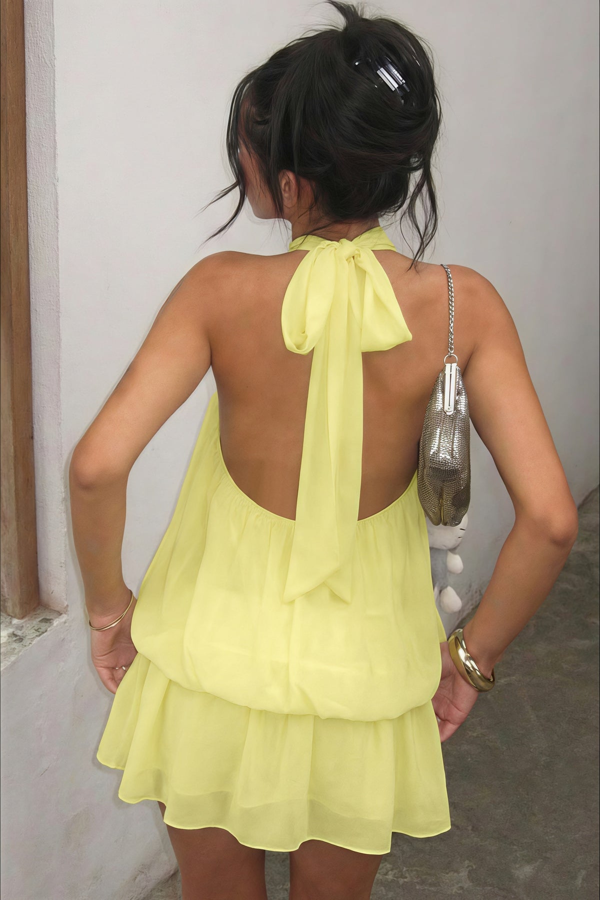 Halter Neck Pleated Tiered Bubble Hem Chiffon Mini Dress 2